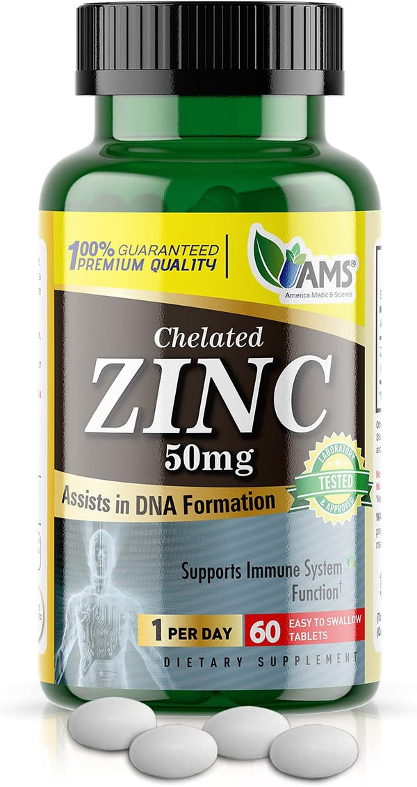 America Medic & Science 50 mg Chelated Zinc Supplements (60 Tablets) | Immune Booster, Antioxidant, Mood & Sleep Support
