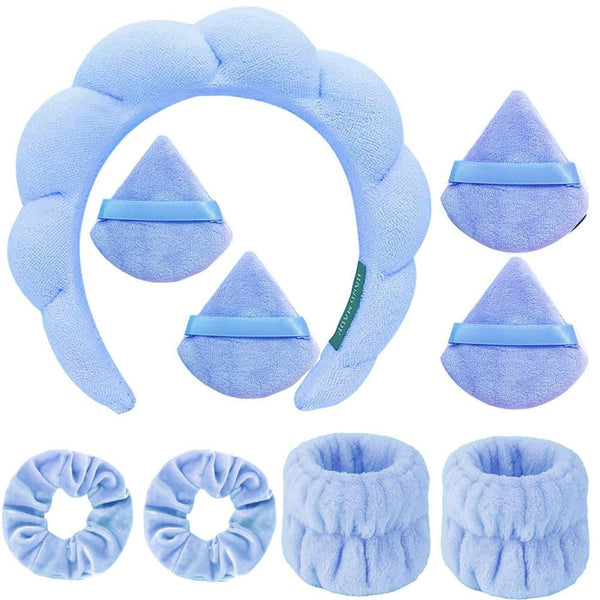 Spa Headband for Washing Face, Set of 9 Soft Skincare Headbands for Makeup Removal, Shower - Women (9 pack - Blue)