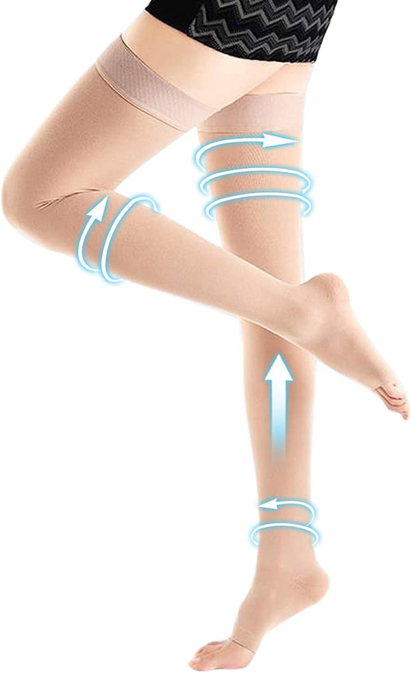 PADRAM Thigh High Compression Stockings, 20-30mmHg Open Toe Support Hose for Women, Beige, Large