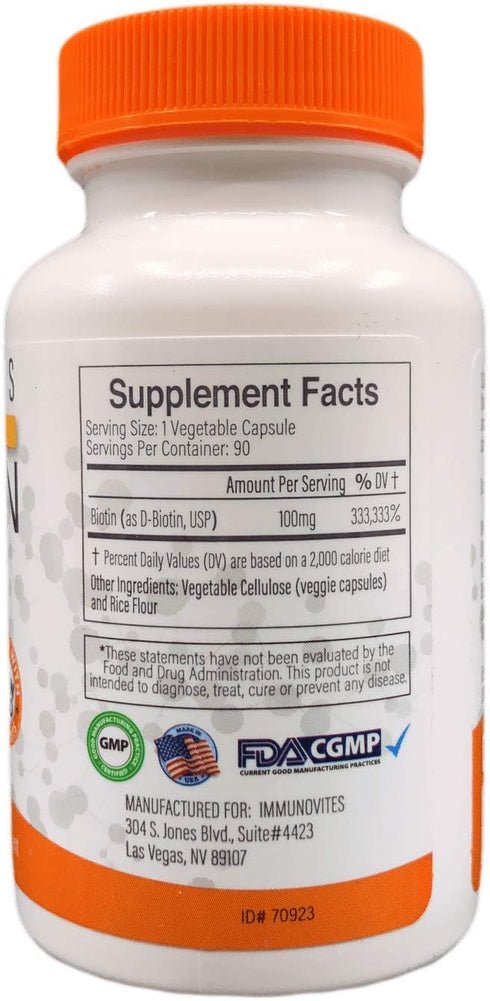 High Dose Biotin (as d-Biotin, USP) 100mg, 90 Capsules, High Potency