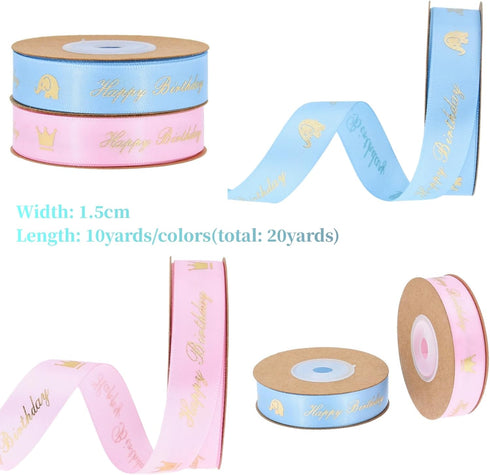 Happy Birthday Ribbon 2 Rolls, 1.5cm Satin Gift Wrap Ribbons for Bouquet, DIY Flower Birthday Wrapping, Party Supplies