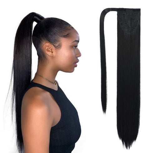 SEIKEA Clip in Ponytail Extension Wrap Around, 20 Inch Long Straight Natural Soft Synthetic Hairpiece for Women, Black
