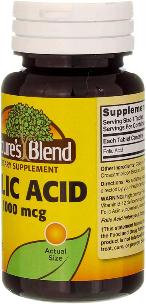 Nature’s Blend Folic Acid 1000mcg Tablets, 100 Count, 2 Pack