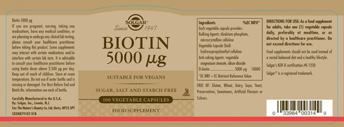 Solgar Biotin 5000 mcg, 100 Veg Caps for Healthy Skin, Nails & Hair, Non-GMO, Vegan