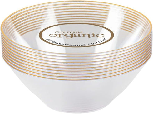 Blue Sky Organic Disposable Clear Bowls, 6 Oz, 10 Count with Gold Rim, Stylish Dinnerware for Events