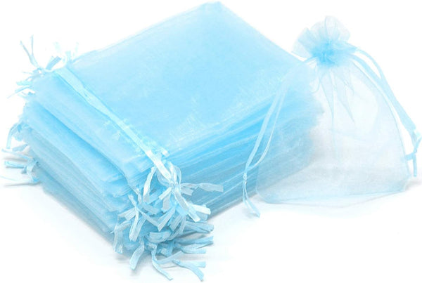 100Pcs Organza Bags, 5x7 Inch Sky Blue Sheer Baby Shower Party Favor Bags with Drawstring for Wedding Candy Pouches