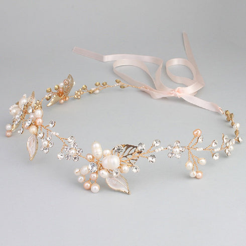 Oriamour Bridal Crystal Headband with Freshwater Pearls, Flower Design Wedding Hair Accessories (Gold)