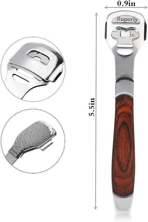 Stainless Steel Callus Shaver Pedicure Dead Skin Remover, Heel Razor with Wooden Handle & 10 Blades