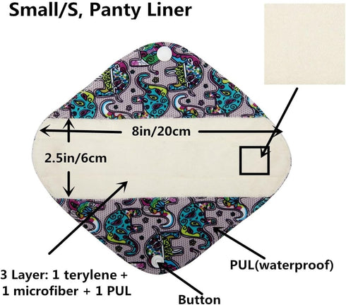 Sigzagor 5 NEW Panty Liners Cloth Menstrual Pads Sanitary Reusable Washable White Assorted Random Prints