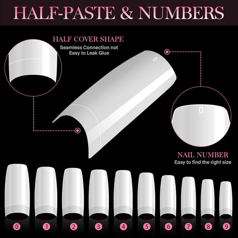 krofaue 500PCS French Style False Nails Tips, Acrylic Artificial Half Cover Manicure with Box of 10 Sizes (White)