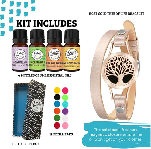 Set, 12 Wild Essentials Rose Gold Tree Essential Oil Leather Wrap Bracelet Diffuser, Gift Lavender, Lemongrass