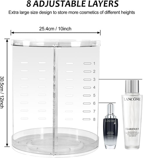 Rotating Makeup Organizer, 360 Spinning Skincare Organizers, 8 Adjustable Layer Cosmetic Storage Case with Brush Holder Perfume Tray, for Vanity Bathroom Countertop - Large