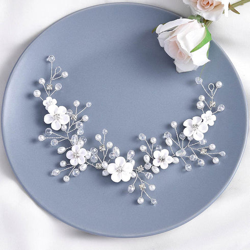 HEREAD Flower Bride Wedding Hair Vine, Pearl Bridal Headband with Rhinestones for Women