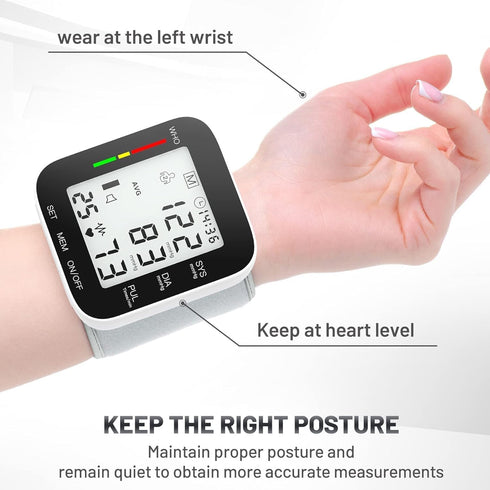 Automatic Wrist Blood Pressure Monitor with Large LCD Display, Adjustable Cuff, Dual 99 Reading Memory for Home Use