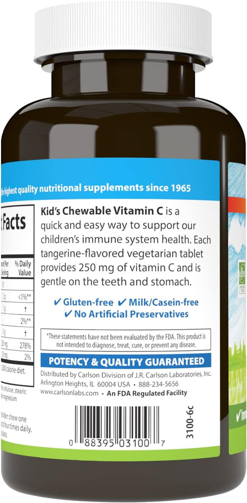 Carlson Kid's Chewable Vitamin C, 250 mg, 60 Vegetarian Tablets, Immune Support, Tangerine