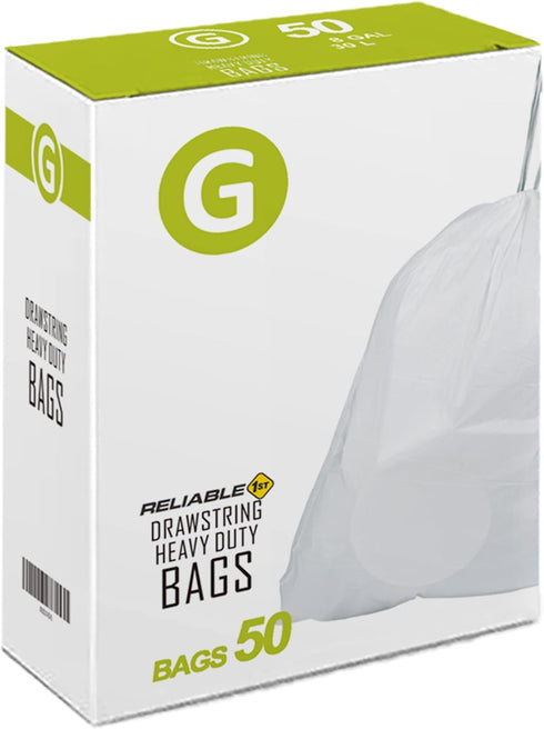 Code G Heavy Duty Trash Bags, 8 Gallon, 50 Count, with Reinforced Drawstring, Compatible with simplehuman