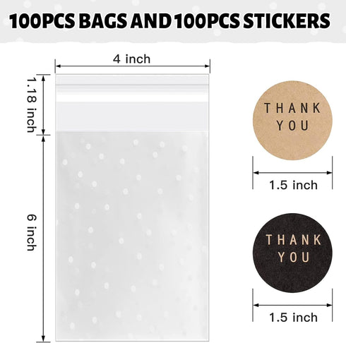 100PACK Self Adhesive Cookie Bags, Cellophane Treat Bags for Gift Giving with Stickers (White Polka Dot)