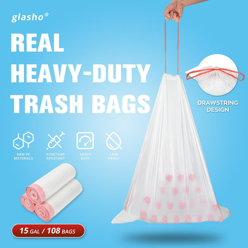 Ultra Thick 15 Gallon Drawstring Trash Bags, 108 Count Heavy Duty Large Plastic Garbage Bag, Leak Proof Trash Can Liners for Tall Kitchen Home Office Lawn Outdoor, White by glasho