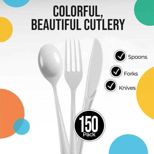 150 Pack White Plastic Cutlery Set, Plastic Silverware Heavy Duty, Plastic Utensil Sets, 50 Plastic Forks 50 Plastic Spoons 50 Plastic Knives Disposable Cutlery Set For Party Supplies Exquisite by Exquisite