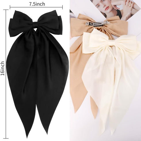 VELSCRUN Hair Bows for Women - 3Pcs Big Hair Clips in White, Black, Brown - Silky Satin Hair Barrettes for Long Hair