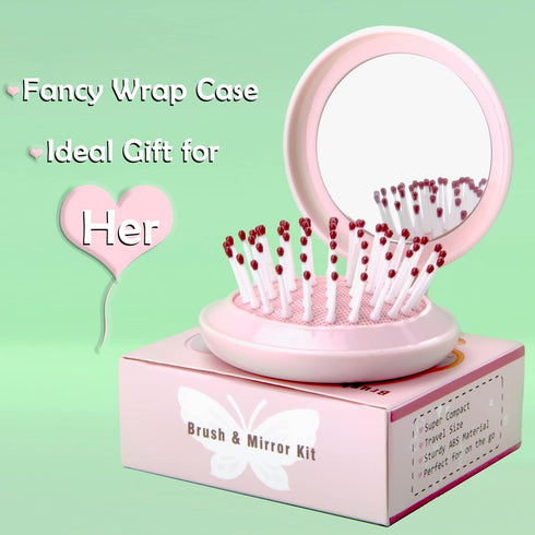 Mini Folding Hair Brush with Mirror, Compact Pop Up Pocket Brush, Small Travel Size Flip Hair Brush for Purse, Pink