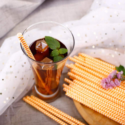 Webake 100 Pack Chevron Paper Straws, 7.75 Inch Disposable Biodegradable Straws, Orange Striped