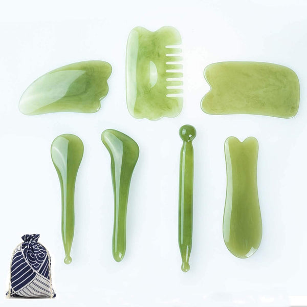 7 Pieces Gua Sha Scraping Massage Tool Set, Natural Resin GuaSha Tool for Face, Back, Neck, with Storage Bag (Green)