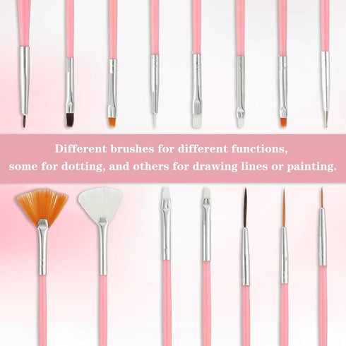 Nail Art Tool Set, 15 PCS Brushes, Resin Painting Palette, Detail Brush, Nail Dotting Pen for DIY Manicure (Pink)