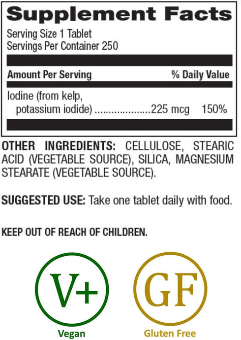 Natural Nutra Kelp Iodine Supplement, Helps Improve Brain Health, Strengthens Immune System, and Regulates Metabolism, Vegan Sea Kelp, Atlantic Sourced Seaweed Extract, 225 mcg, 250 Tablets