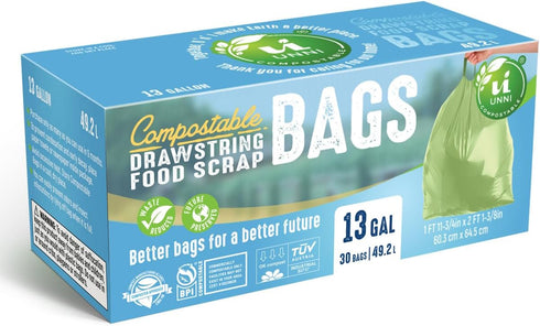 UNNI Compostable 13 Gallon Tall Kitchen Drawstring Trash Bags, 30 Count, Heavy Duty, Food Waste Bags, Certified