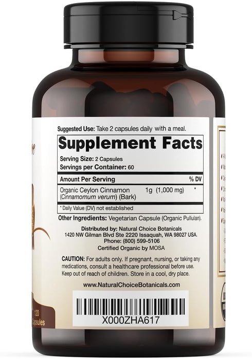 USDA Certified Organic Ceylon Cinnamon Capsules, Non-GMO Verified Supplement - 120 Capsules, 2 Month Supply