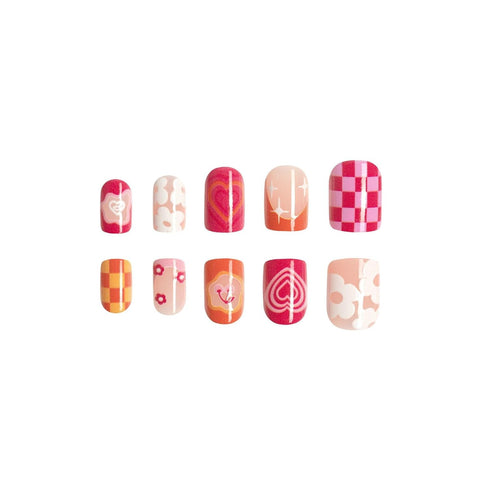 Short Square Press on Nails - Pink Fake Nails with French Tips, Rainbow Colorful Flower Heart Lattice Pattern, Summer