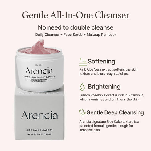 French Royal Rosehip Brightening Face Cleanser & Daily Scrub - Moisturizing, Exfoliating & Deep-Cleansing - Spa Quality, All Skin Types with Rice Powder & Rice Water (1.76oz)