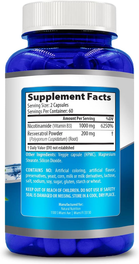 Natural Vitamin Extra Strength Nicotinamide with Resveratrol 1200mg, 120 Veggie Capsules Gluten Free & Non-GMO