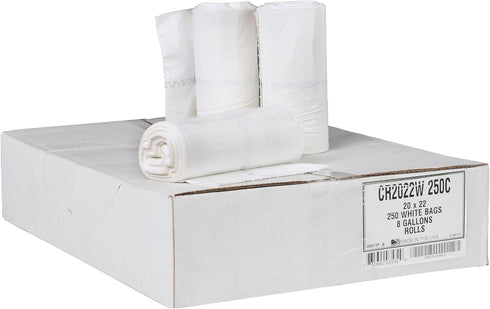 Aluf Plastics White Trash Bags, 8 Gallon, 0.7 Mil, 20" x 22", Pack of 250, for Home, Kitchen, Bathroom, Office