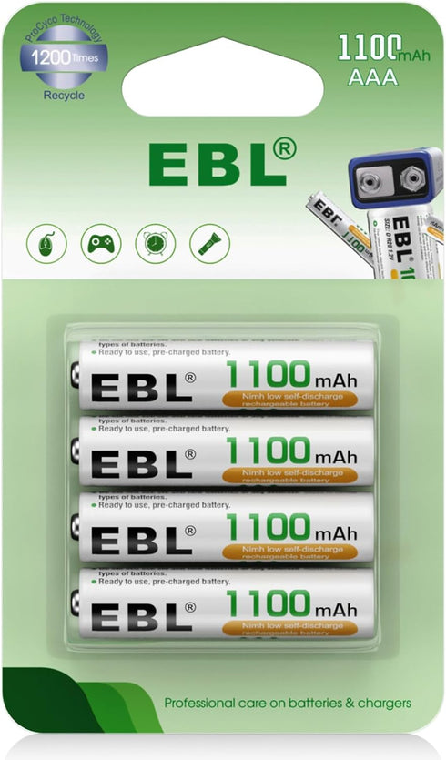 EBL AAA Rechargeable Batteries, 1100mAh, Pre-Charged, 4 Counts, NiMH with Retail Package