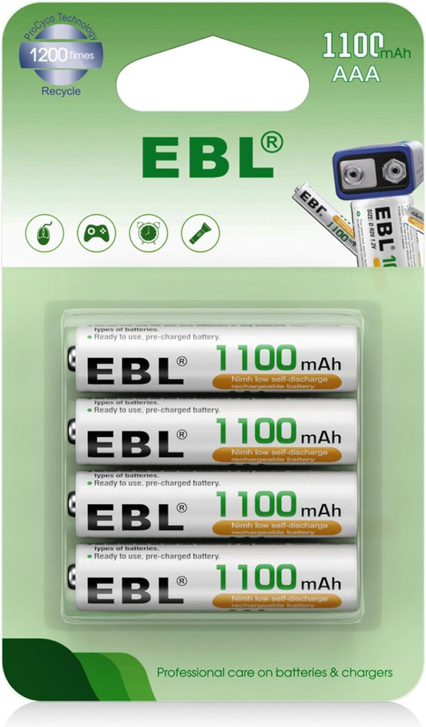 EBL AAA Rechargeable Batteries, 1100mAh, Pre-Charged, 4 Counts, NiMH with Retail Package