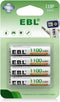 EBL AAA Rechargeable Batteries, 1100mAh, Pre-Charged, 4 Counts, NiMH with Retail Package