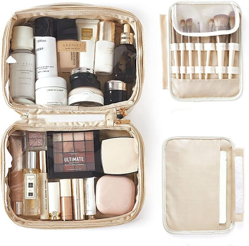 Portable Large Capacity Cosmetic Bag for Skincare Products & Makeup Brush Storage, Double Layer (White)