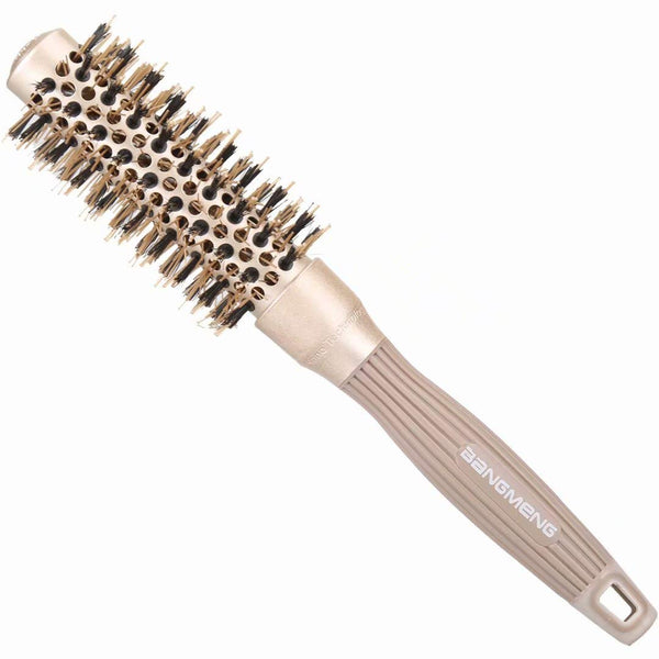 Round Brush with Boar Bristles - 1 inch Barrel, Nano Thermal Ceramic Ionic Tech for Straightening, Gold