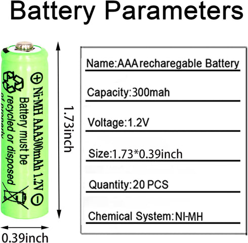 1.2V AAA 300mAh Ni-MH Rechargeable Batteries for Solar Lights,20 Packs