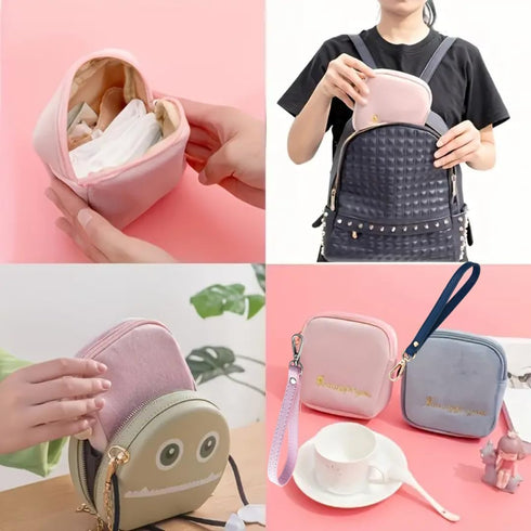Reusable Sanitary Napkin Pads Storage Bag for Women, Soft Touch Velvet with Matching Clip Lanyard (Khaki Velvet)