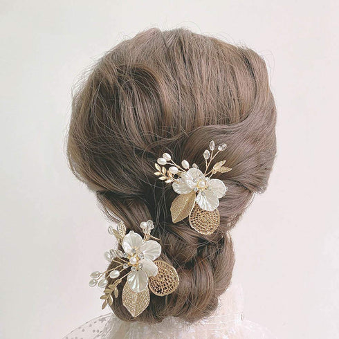PRDGIRL Pack of 2 Wedding Flower Girl Hair Pins, Bride Pearl Hair Piece Crystals Hair Clips for Women and Girls (Gold)