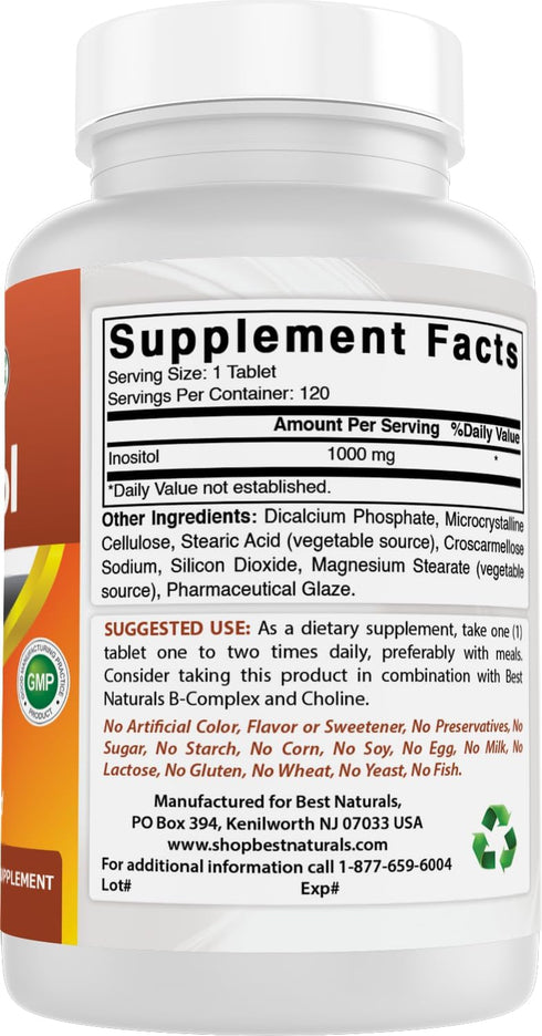Best Naturals Inositol 1000mg, 120 Tablets, Also Known as Vitamin B8