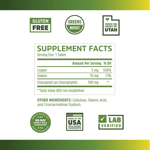 Zhou Nutrition Chlorophyll Tablets, Nutritious Green Superfood, Herbal Supplement, Gluten-Free, Herbal Support, 90 Tablets