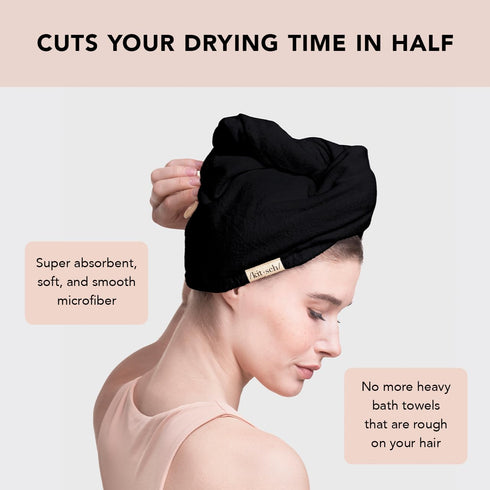 Kitsch Microfiber Hair Towel Wrap - Super Absorbent Quick Dry Towel for Long & Short Curly Hair - Black