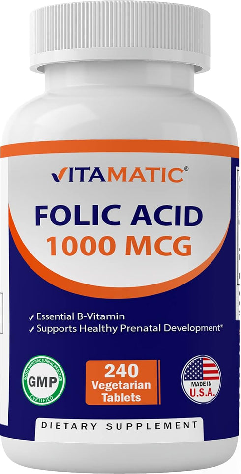 Vitamatic Folic Acid 1000 mcg (1 mg) - Vegetarian Tablets, 1667 mcg DFE, Vitamin B9 (240 Count)