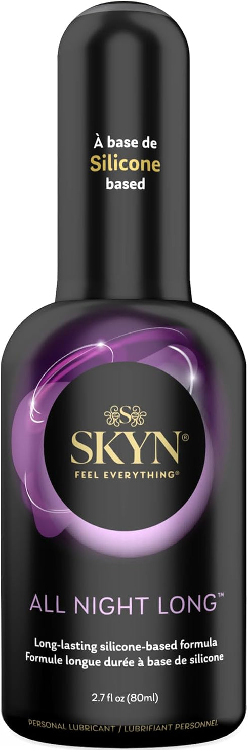 SKYN 22 Count 2.7 oz Extra Studded Non-Latex Condoms Box and All Night Long Premium Silicone Lubricant
