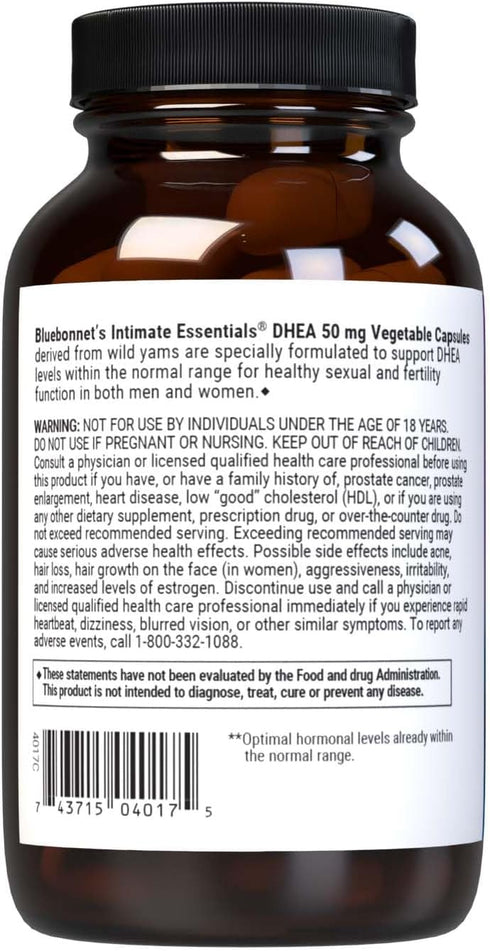 Bluebonnet Nutrition Intimate Essentials DHEA, 50mg, 60 Vegetable Capsules, Non-GMO, Kosher, Vegan, Gluten-Free