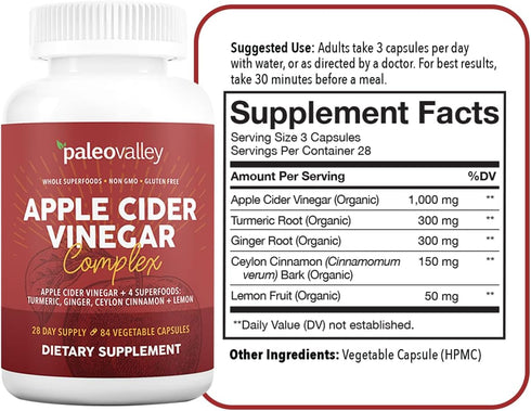 Paleovalley Apple Cider Vinegar Complex - Superfoods Turmeric, Ginger, Ceylon Cinnamon, 84 Vegetable Capsules